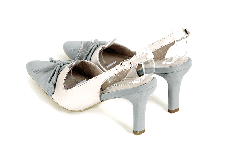 Pearl grey and pure white women's open back shoes, with a knot. Tapered toe. High slim heel. Rear view - Florence KOOIJMAN